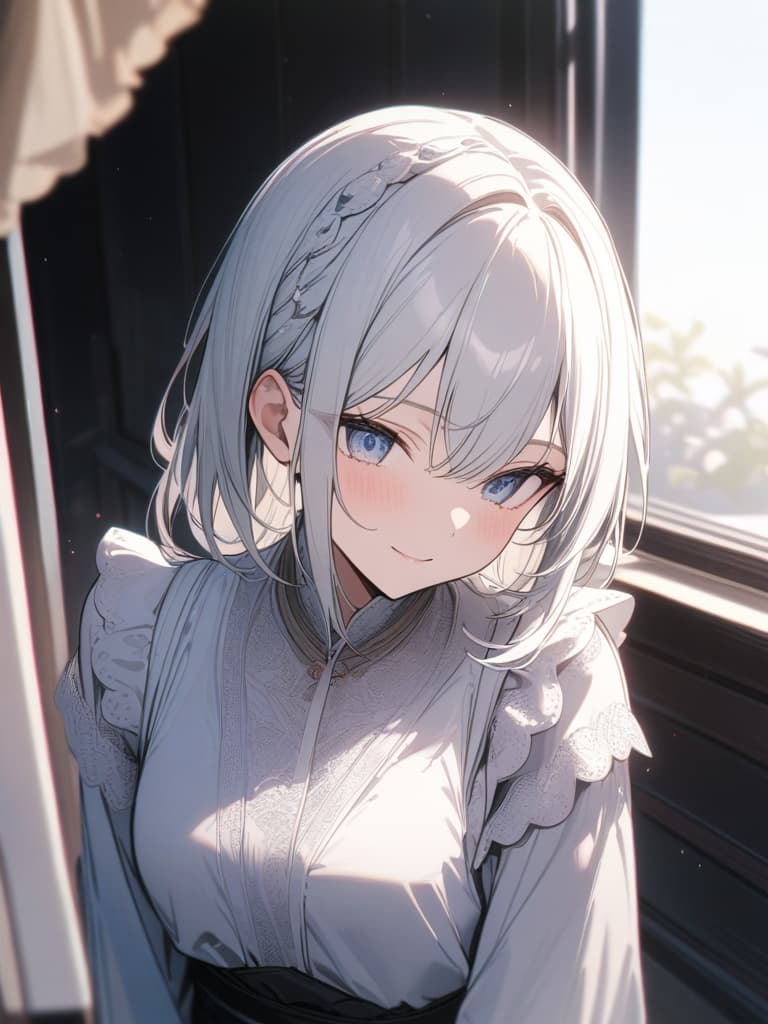  White hair, back dumpling hair, gentle smile, light blue eyes, maid clothes kimono, your husband, your husband, masterpiece, best quality,8k,ultra detailed,high resolution,an extremely delicate and beautiful,hyper detail