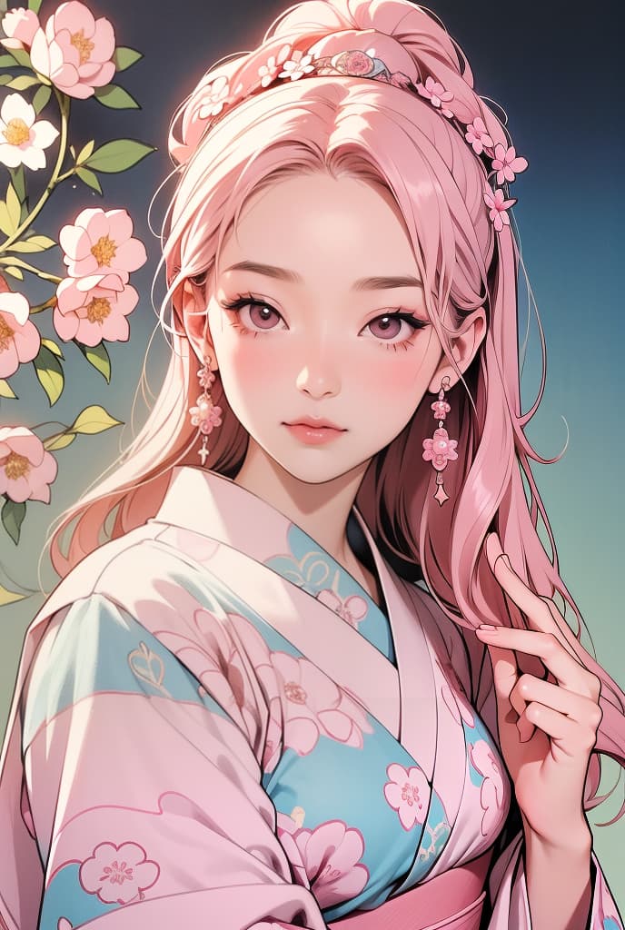  Art Nouveau, Alex Solis stlye, Anime, Japanese traditional queen pastel pink Yukata, A close up of a very beautiful Japanese girl, Glamorous, Look ahead, Perfect figure, perfect finger, Women are surrounded by complex designs and pastel pink flowers in traditional Japanese patterns, Background is reminiscent of stained glass or elaborate metalwor, ADVERTISING PHOTO,high quality, good proportion, masterpiece , The image is captured with an 8k camera