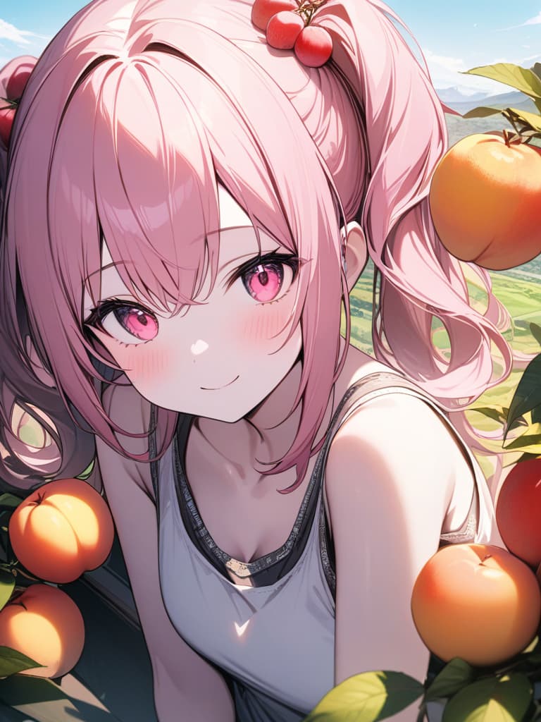  Cute, , pink hair, twin tails, pink eyes, big s, peaches, fruits, white skin, smiles, valley, tank top, fluffy hair, big s, , masterpiece, best quality,8k,ultra detailed,high resolution,an extremely delicate and beautiful,hyper detail