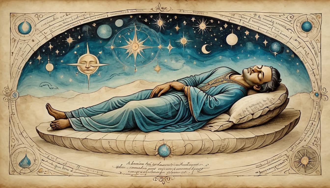  on parchment, surrealism+++, A sleeping person, celestial patterns surrounding their head, spiritual connection, serene, divine energy(mysterious, provocative, symbolic,muted color)+++