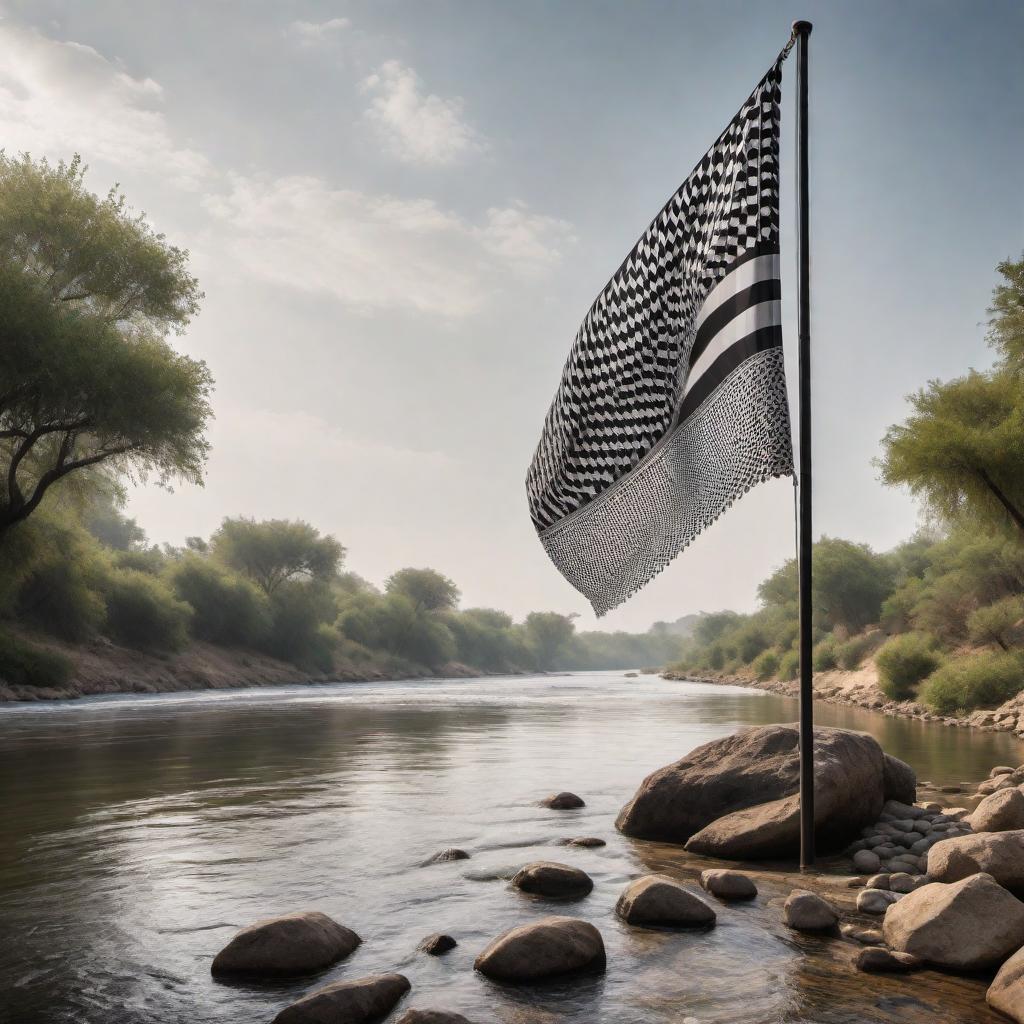  An illustration of a flag made out of traditional Keffiyeh material, firmly erected near a flowing river. The flag should display the iconic black-and-white patterns of the Keffiyeh and convey cultural significance, resistance, and unity. The scene should include elements of nature like trees and a clear sky, reflecting the peaceful but resilient spirit of the heritage. The dynamic waves of the flag should suggest an inspiring sense of strength, heritage, pride, and solidarity. hyperrealistic, full body, detailed clothing, highly detailed, cinematic lighting, stunningly beautiful, intricate, sharp focus, f/1. 8, 85mm, (centered image composition), (professionally color graded), ((bright soft diffused light)), volumetric fog, trending on instagram, trending on tumblr, HDR 4K, 8K