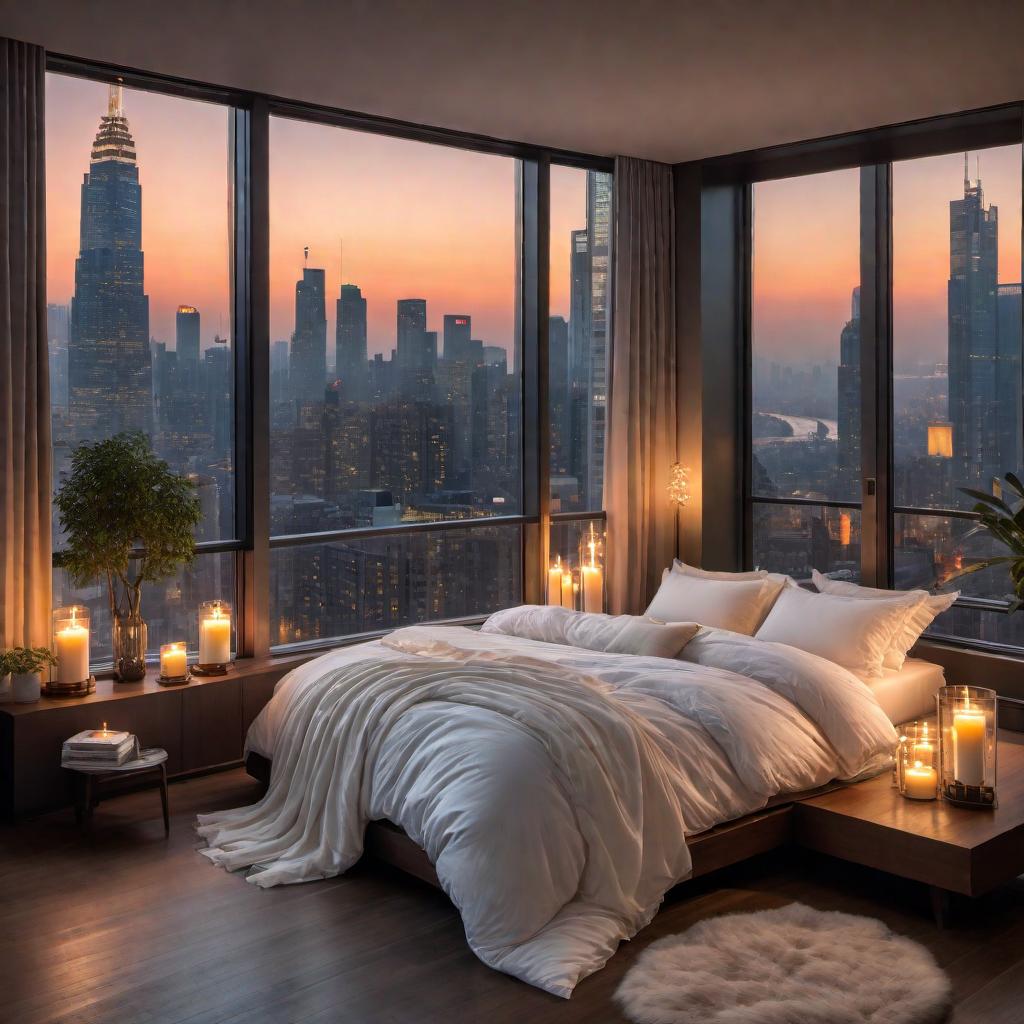  A cozy bedroom scene with a view of a city skyline at night through large windows. The bed has a ruffled duvet, looking soft and comfortable. There are candles placed on the floor, creating a warm and romantic atmosphere. The glow from the city buildings outside suggests an urban environment, adding to the peaceful setting for relaxation or sleep. hyperrealistic, full body, detailed clothing, highly detailed, cinematic lighting, stunningly beautiful, intricate, sharp focus, f/1. 8, 85mm, (centered image composition), (professionally color graded), ((bright soft diffused light)), volumetric fog, trending on instagram, trending on tumblr, HDR 4K, 8K