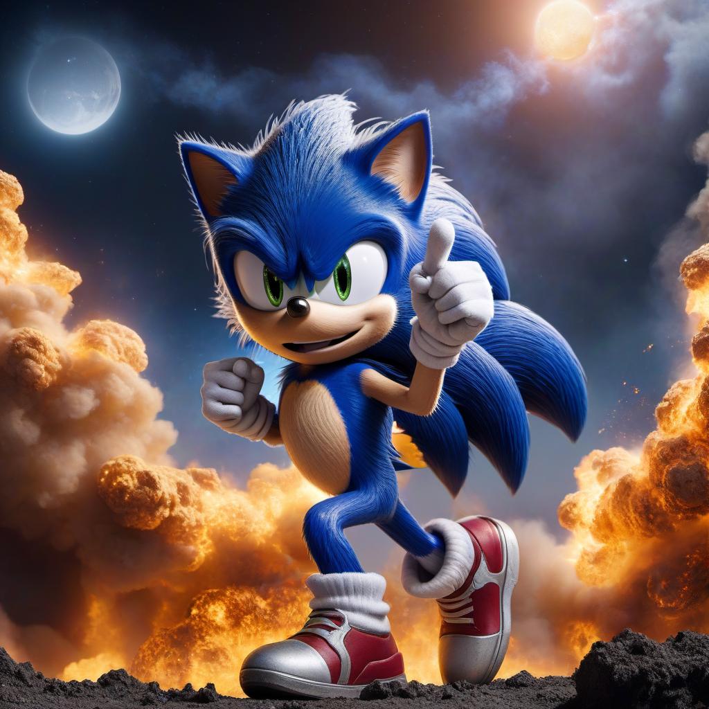  Hyperdetailed Sonic runs along a space highway, from the Sonic movie, megaromantic, ferocious, hyperrealistic, art, digital art, fantastic fantasy, highly detailed drawing, high resolution, medium shot, full body, 128K, photographic realism, bright lighting, hyperdetailed eyes and details, cinematic, with a yellow smoke in the background, a destroyed planet on fire, stars, a sparking piece of the moon. hyperrealistic, full body, detailed clothing, highly detailed, cinematic lighting, stunningly beautiful, intricate, sharp focus, f/1. 8, 85mm, (centered image composition), (professionally color graded), ((bright soft diffused light)), volumetric fog, trending on instagram, trending on tumblr, HDR 4K, 8K