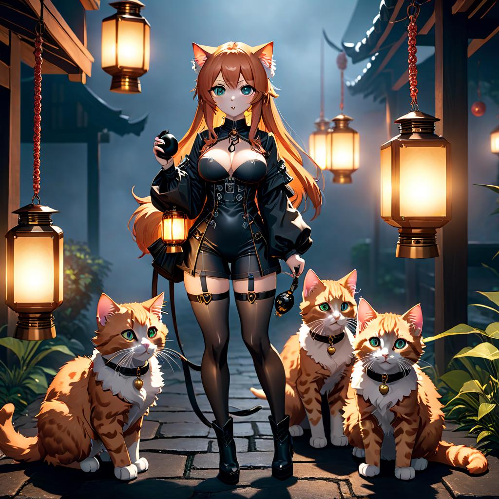  anime artwork five kittens, ginger, hold black lanterns, background is dark. . anime style, key visual, vibrant, studio anime, highly detailed hyperrealistic, full body, detailed clothing, highly detailed, cinematic lighting, stunningly beautiful, intricate, sharp focus, f/1. 8, 85mm, (centered image composition), (professionally color graded), ((bright soft diffused light)), volumetric fog, trending on instagram, trending on tumblr, HDR 4K, 8K