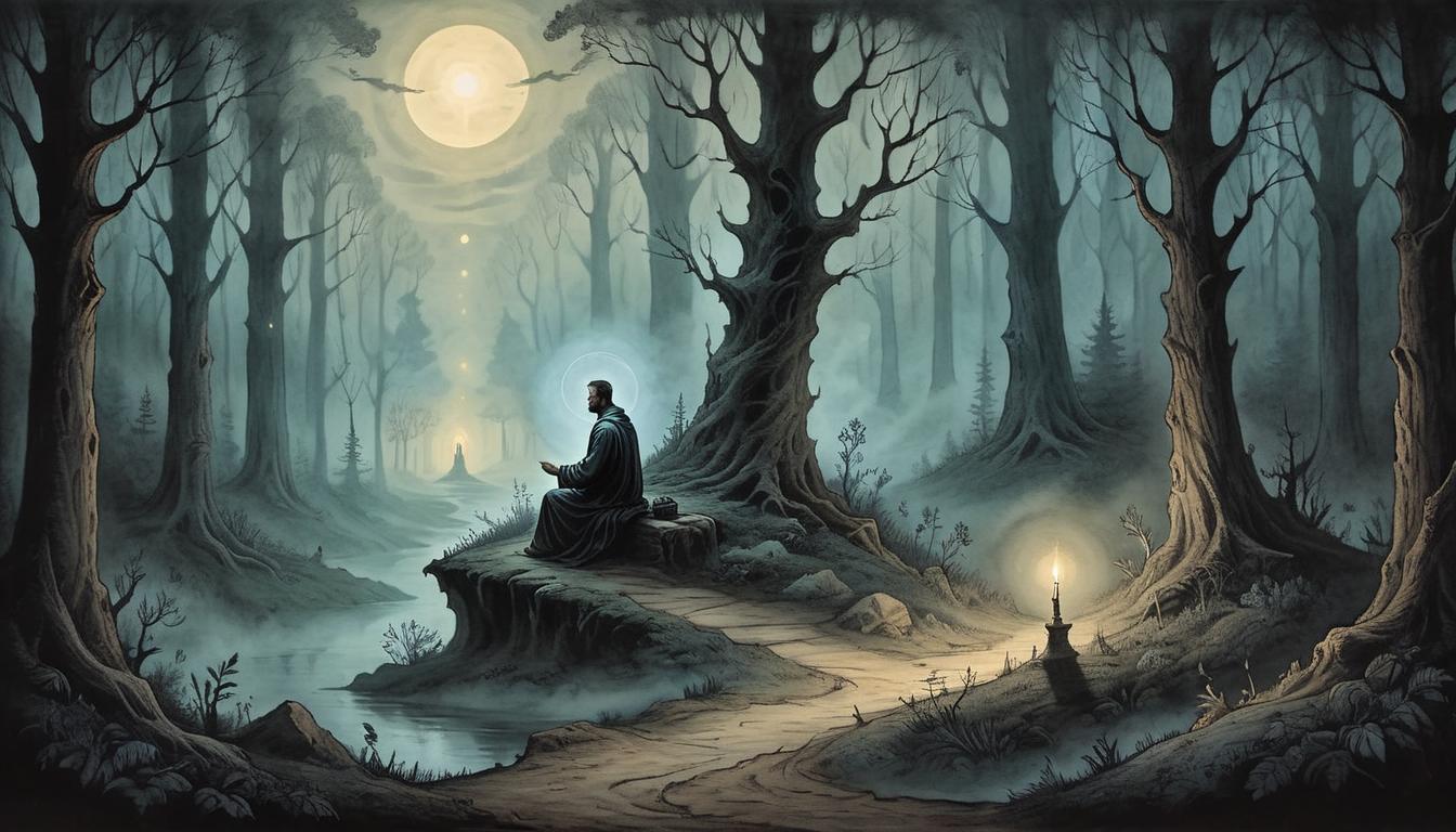  on parchment, surrealism+++, A solitary figure meditating on a dark path, ethereal glow surrounding, shadowy forest background, sense of relentless pursuit and isolation.(mysterious, provocative, symbolic,muted color)+++