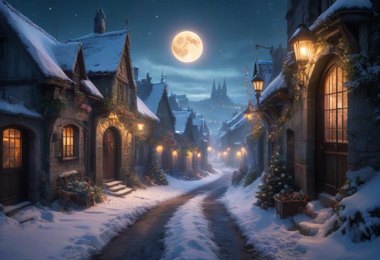  ethereal fantasy concept art of No people. A small village in France is covered in snow. In the style of Jean Baptiste Monge, old Gothic stone rickety buildings. Christmas Eve. Night, moon, a bright star is burning in the sky. The silhouette of Santa on a sleigh is visible in the sky. Christmas decorations hang on the doors of buildings and lights shine in the windows. Fairy tale, magic, fantasy. Details. Lots of embellishments and small details, detailed look. soft colors, HDR, 4K . magnificent, celestial, ethereal, painterly, epic, majestic, magical, fantasy art, cover art, dreamy, GLOWNEON, oil painting hyperrealistic, full body, detailed clothing, highly detailed, cinematic lighting, stunningly beautiful, intricate, sharp focus, f/1. 8, 85mm, (centered image composition), (professionally color graded), ((bright soft diffused light)), volumetric fog, trending on instagram, trending on tumblr, HDR 4K, 8K