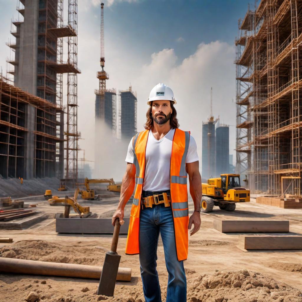  Jesus as a construction worker, wearing a hard hat, construction vest, and holding a tool such as a hammer or a level. The setting should be a modern construction site with scaffolding, materials, and machinery visible in the background. The image should convey a sense of harmony between spirituality and modern labor. hyperrealistic, full body, detailed clothing, highly detailed, cinematic lighting, stunningly beautiful, intricate, sharp focus, f/1. 8, 85mm, (centered image composition), (professionally color graded), ((bright soft diffused light)), volumetric fog, trending on instagram, trending on tumblr, HDR 4K, 8K