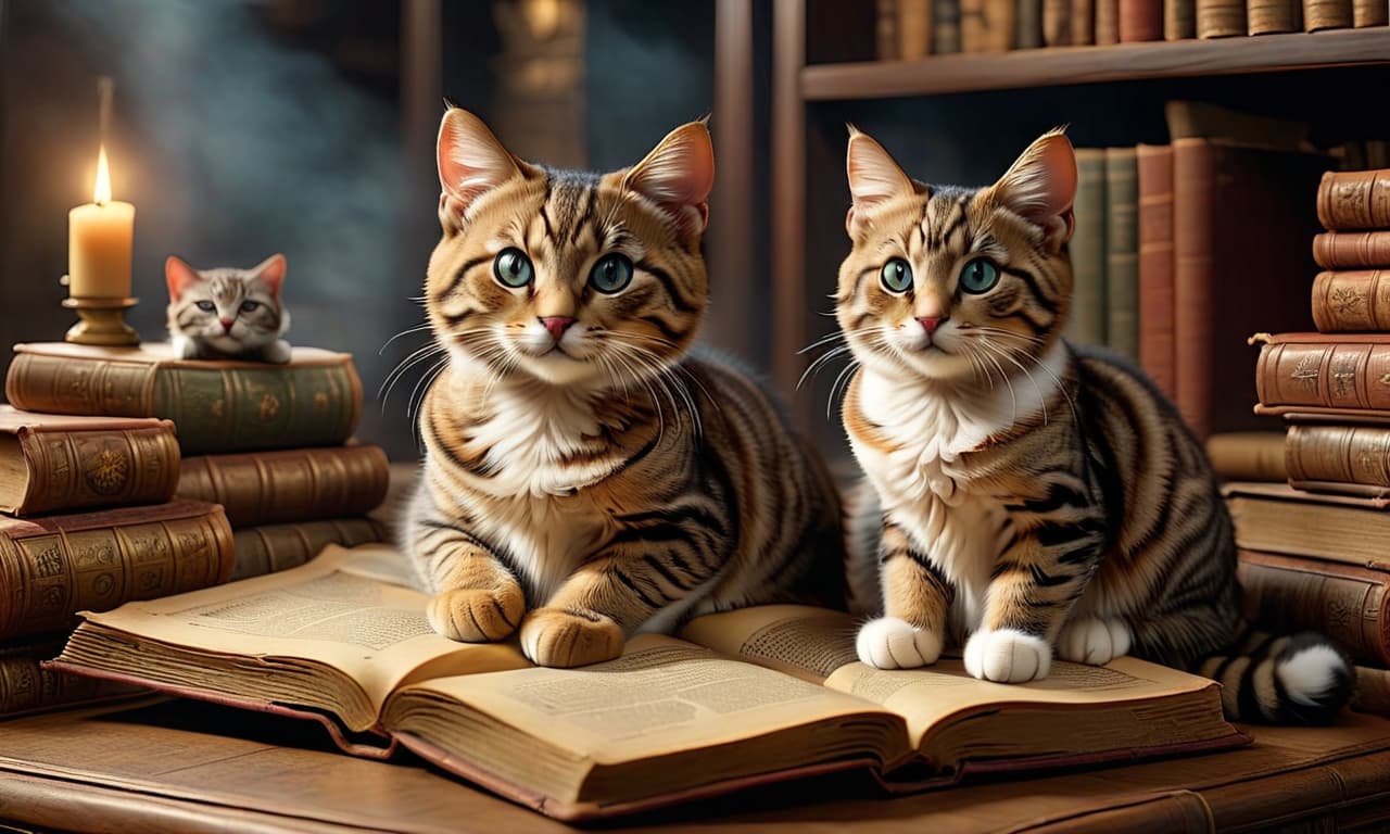  Shelves with old books. There are 5 small cats lying on the books in different poses., on parchment, hkmagic hyperrealistic, full body, detailed clothing, highly detailed, cinematic lighting, stunningly beautiful, intricate, sharp focus, f/1. 8, 85mm, (centered image composition), (professionally color graded), ((bright soft diffused light)), volumetric fog, trending on instagram, trending on tumblr, HDR 4K, 8K