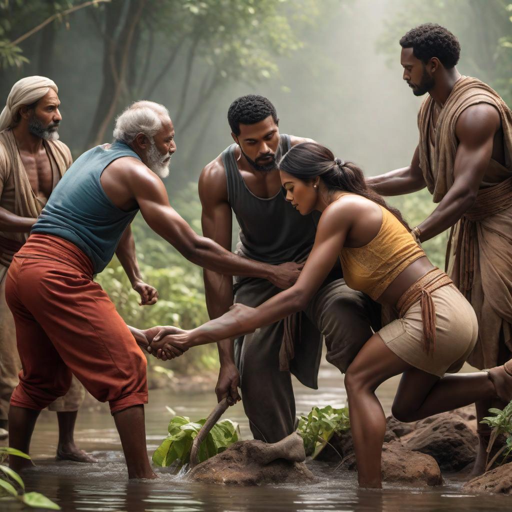  A heartwarming scene that illustrates the concept of the strong helping the weak and the weak helping the strong. Depict four individuals of different ethnicities and social backgrounds working together in ways that show mutual support and interdependence. Each character should be shown helping another in unique ways, emphasizing the strength and resilience that comes from cooperation. The image should convey unity, kindness, and the idea that everyone has strengths and weaknesses that can complement each other. Highlight distinctions in social status and personal characteristics through elements like attire and environment while maintaining a positive and inclusive atmosphere. hyperrealistic, full body, detailed clothing, highly detailed, cinematic lighting, stunningly beautiful, intricate, sharp focus, f/1. 8, 85mm, (centered image composition), (professionally color graded), ((bright soft diffused light)), volumetric fog, trending on instagram, trending on tumblr, HDR 4K, 8K