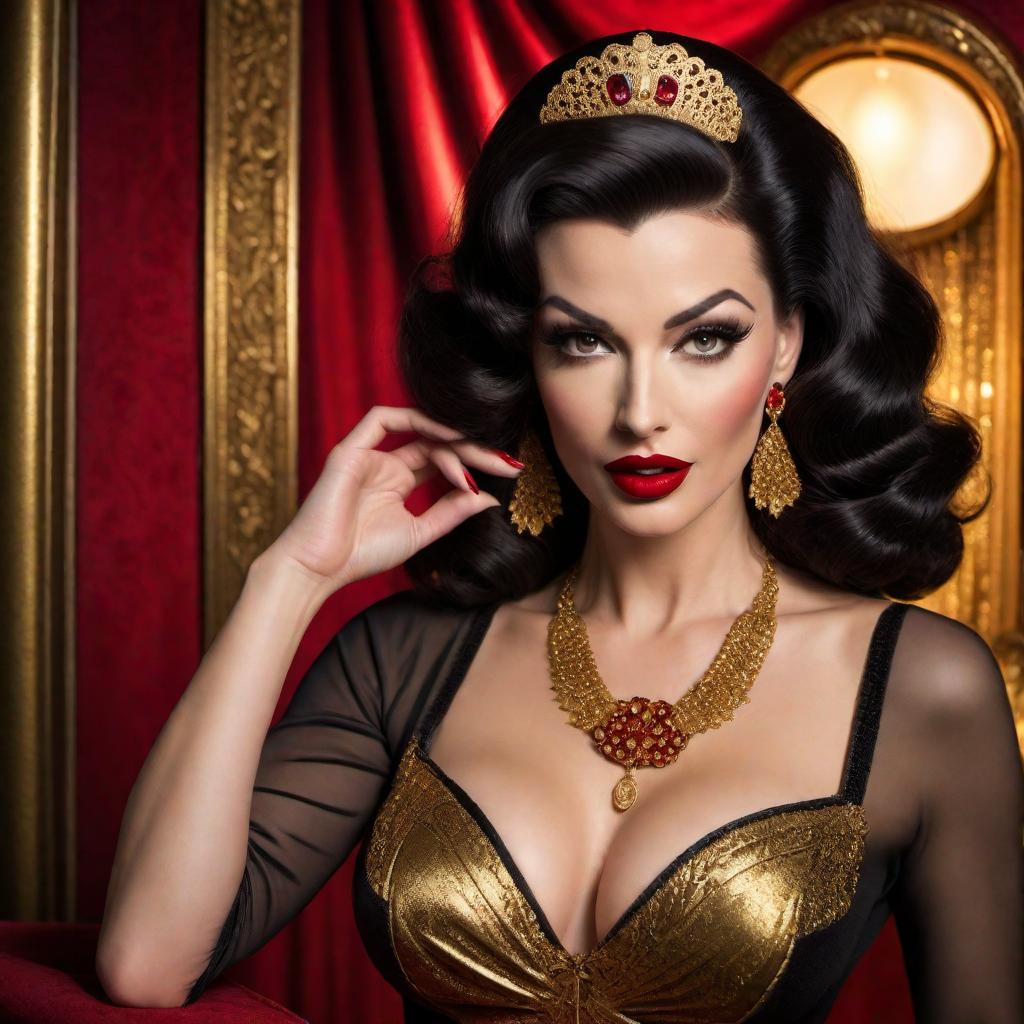  A stunning burlesque dancer in the style of Betty Paige and Norma Jean, with a snarl Mona Lisa smile on her face. She has wavy dark hair, red lipstick, and is dressed in a glamorous black and gold outfit. The background features a vintage keyhole, adding an air of mystery and allure. The scene is set in a 1950s vintage nightclub, with velvet curtains and dim, warm lighting. hyperrealistic, full body, detailed clothing, highly detailed, cinematic lighting, stunningly beautiful, intricate, sharp focus, f/1. 8, 85mm, (centered image composition), (professionally color graded), ((bright soft diffused light)), volumetric fog, trending on instagram, trending on tumblr, HDR 4K, 8K