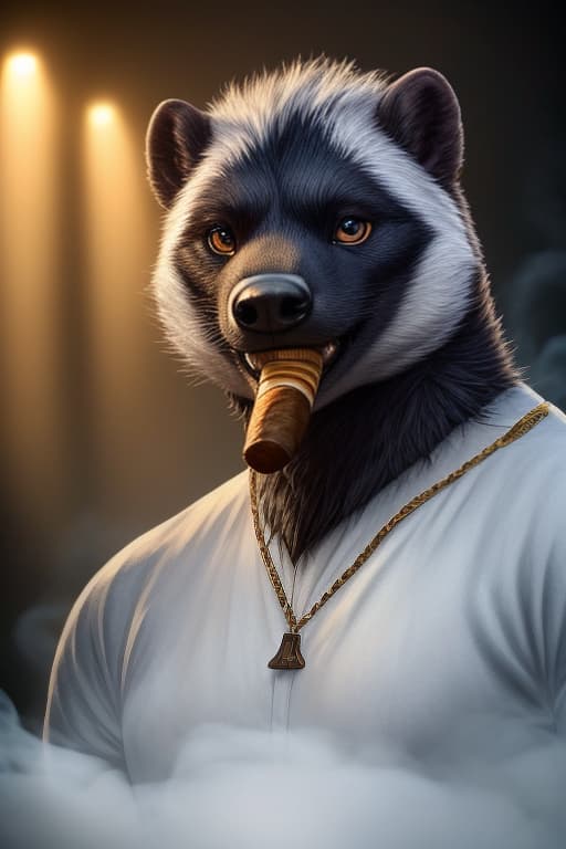  A honey badger looking at the viewer. The honey badger's eyes are narrowed and a thick cigar juts from the corner of its mouth, emitting a curl of smoke. Realistic fur, just the head and neck, cartoon style hyperrealistic, full body, detailed clothing, highly detailed, cinematic lighting, stunningly beautiful, intricate, sharp focus, f/1. 8, 85mm, (centered image composition), (professionally color graded), ((bright soft diffused light)), volumetric fog, trending on instagram, trending on tumblr, HDR 4K, 8K