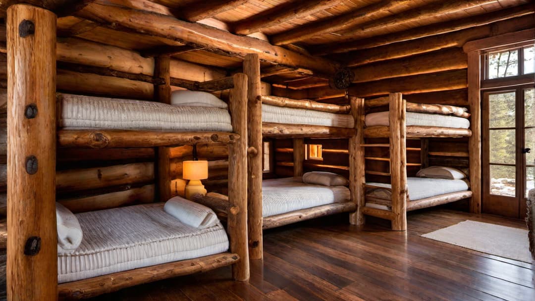  Rustic log cabin bunk room with custom built wooden bunk beds, cozy blankets, and pillows on each bunk, natural light streaming through small windows, warm ambient lighting, wooden ceiling beams, and a vintage rug on the wooden floor.