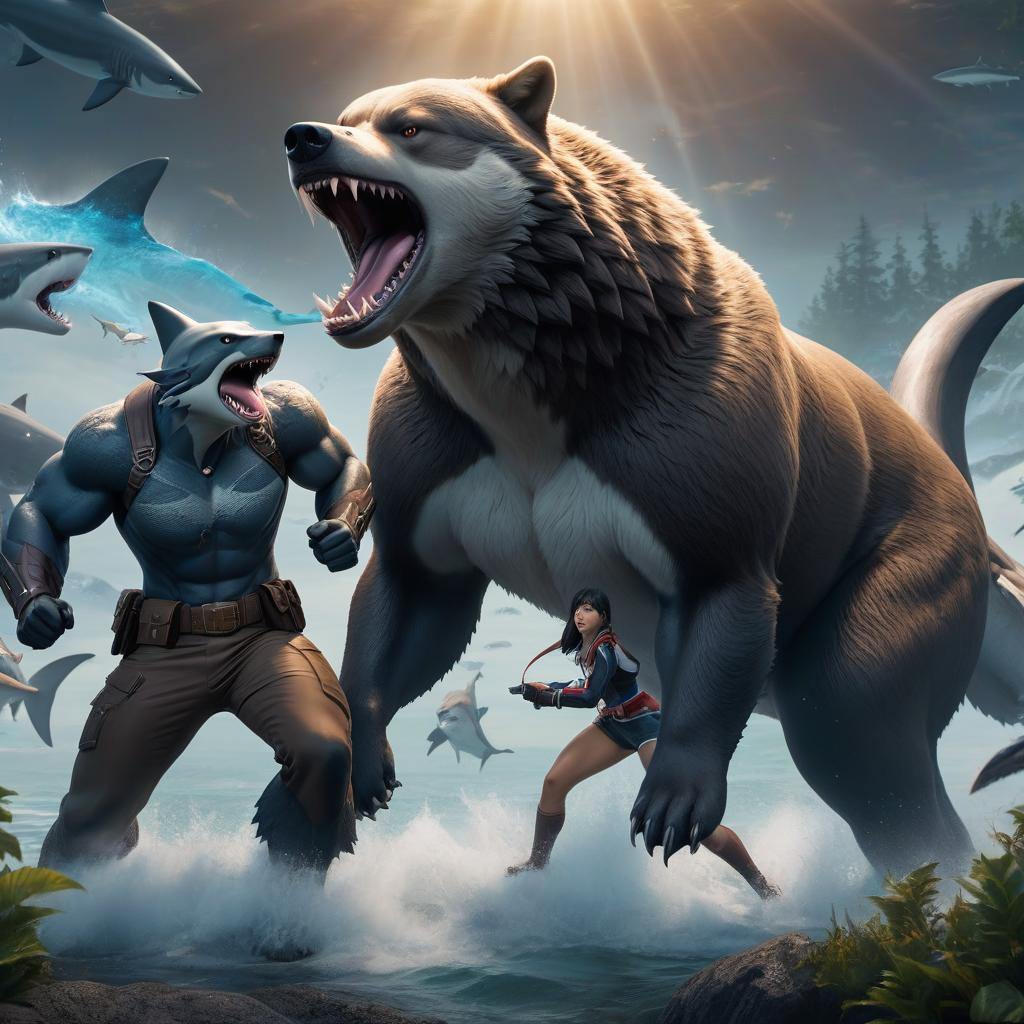  anime artwork Bear wolf and shark fight . anime style, key visual, vibrant, studio anime, highly detailed hyperrealistic, full body, detailed clothing, highly detailed, cinematic lighting, stunningly beautiful, intricate, sharp focus, f/1. 8, 85mm, (centered image composition), (professionally color graded), ((bright soft diffused light)), volumetric fog, trending on instagram, trending on tumblr, HDR 4K, 8K