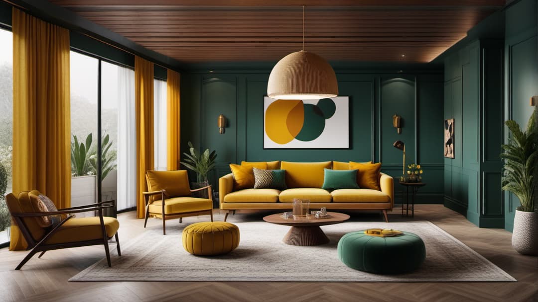  Create an image of a retro living room with vibrant and contrasting color schemes, showcasing a mix of bold colors like mustard yellow, avocado green, and burnt orange. Include vintage furniture pieces with teak wood accents and geometric patterns on the upholstery. additional guidelines Interior Design Minimalism Design Interior Inspiration Interieur Inredning Deco Architecture Design Retro Vintage Dekorasyon Styl Modern Style Deko Interior Design Boho Ev Düzenleme Fikirleri Kamar Tidur Modern Dekorasi Rumah Deko Deco hyperrealistic, full body, detailed clothing, highly detailed, cinematic lighting, stunningly beautiful, intricate, sharp focus, f/1. 8, 85mm, (centered image composition), (professionally color graded), ((bright soft diffused light)), volumetric fog, trending on instagram, trending on tumblr, HDR 4K, 8K