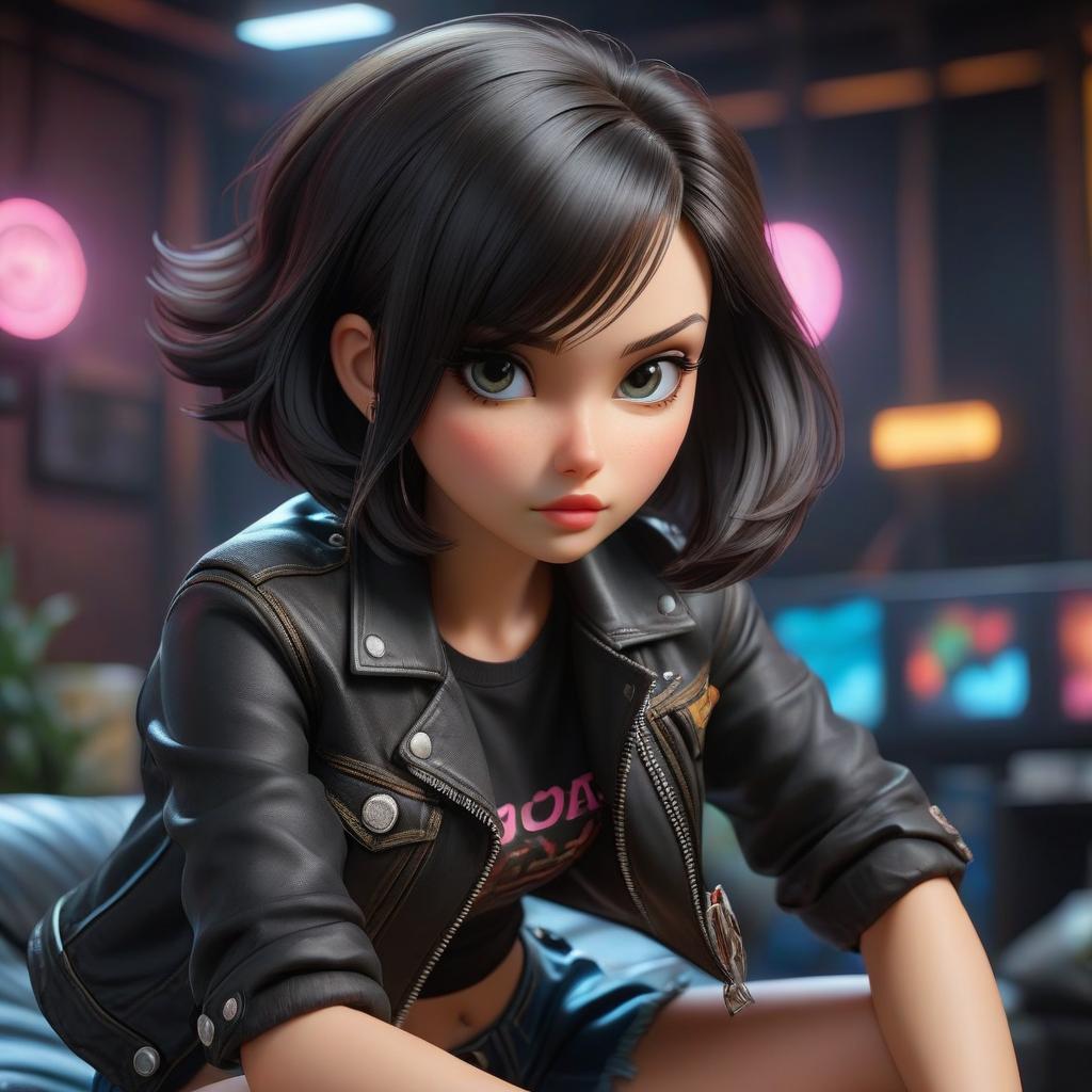  A girl with dark hair, a bob haircut, in a black top and denim shorts, wearing a black leather jacket, is playing on the Sony PlayStation. View straight on, lighting is fluorescent. hyperrealistic, full body, detailed clothing, highly detailed, cinematic lighting, stunningly beautiful, intricate, sharp focus, f/1. 8, 85mm, (centered image composition), (professionally color graded), ((bright soft diffused light)), volumetric fog, trending on instagram, trending on tumblr, HDR 4K, 8K