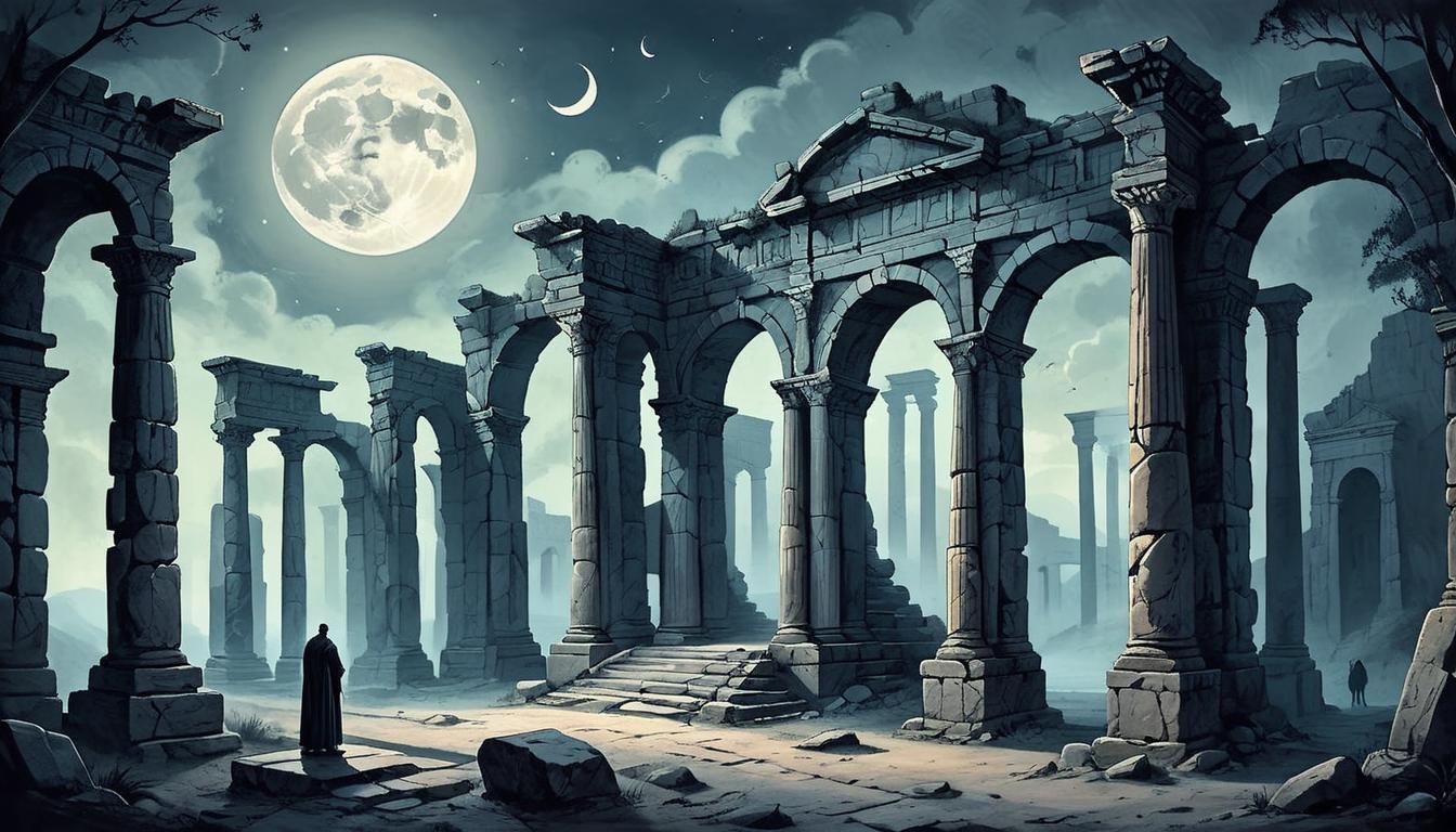  on parchment, surrealism+++, Ancient ruins under a full moon, moonlight casting long shadows, scattered stone columns, broken archways, eerie tranquility, timeless serenity(mysterious, provocative, symbolic,muted color)+++