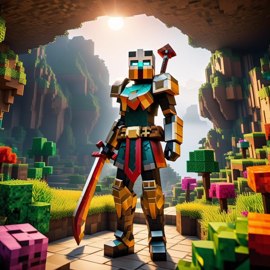  Create a vibrant and captivating video thumbnail for a TikTok video about Minecraft showcasing a player exploring a lush and magical fantasy world filled with colorful blocks, friendly animals, and mysterious caves. The player should be wielding a pickaxe and wearing unique armor, with the iconic Minecraft sun setting in the background. The thumbnail should convey a sense of adventure and wonder to attract viewers. hyperrealistic, full body, detailed clothing, highly detailed, cinematic lighting, stunningly beautiful, intricate, sharp focus, f/1. 8, 85mm, (centered image composition), (professionally color graded), ((bright soft diffused light)), volumetric fog, trending on instagram, trending on tumblr, HDR 4K, 8K