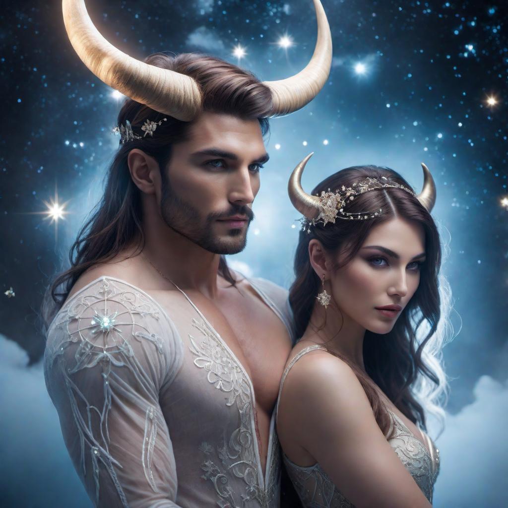  Gemini female and Taurus male as a romantic couple in a fantasy lofi style. The scene features a dreamy, mystical atmosphere with soft, glowing lights and ethereal colors. The Taurus male has a strong and nurturing presence with distinctive ox horns, while the Gemini female has a soft and delicate appearance. They are surrounded by zodiac symbols, stars, and a serene background, reflecting their romantic connection. hyperrealistic, full body, detailed clothing, highly detailed, cinematic lighting, stunningly beautiful, intricate, sharp focus, f/1. 8, 85mm, (centered image composition), (professionally color graded), ((bright soft diffused light)), volumetric fog, trending on instagram, trending on tumblr, HDR 4K, 8K