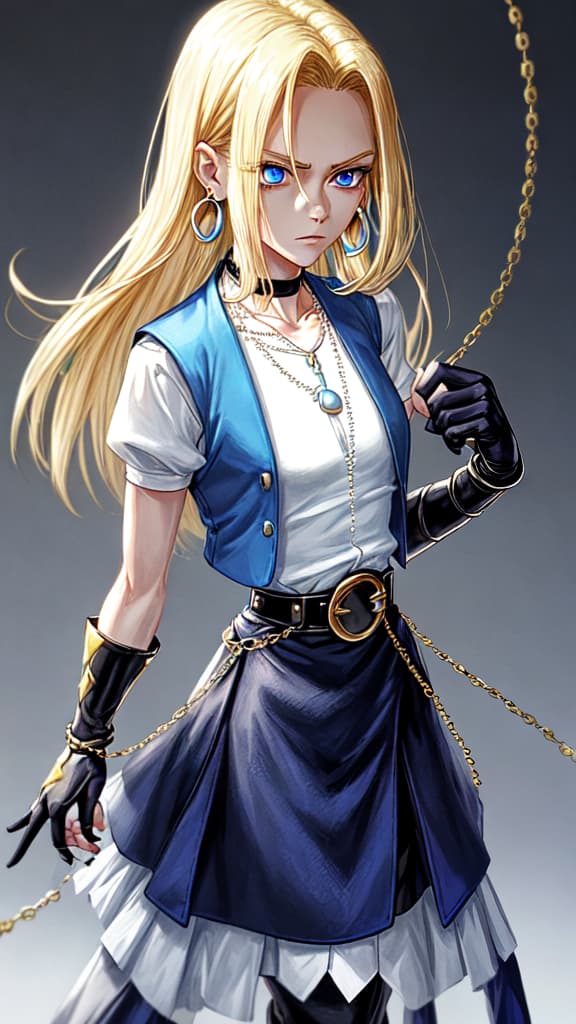   standing up , DB_Android_18, a woman, jewelry, blond hair, earrings, blue eyes, belt, necklace, blue , black fingerless gloves, white shirt, vest, hoop earrings, short sleeves, celet, pearl necklace, black belt, belt buckle,