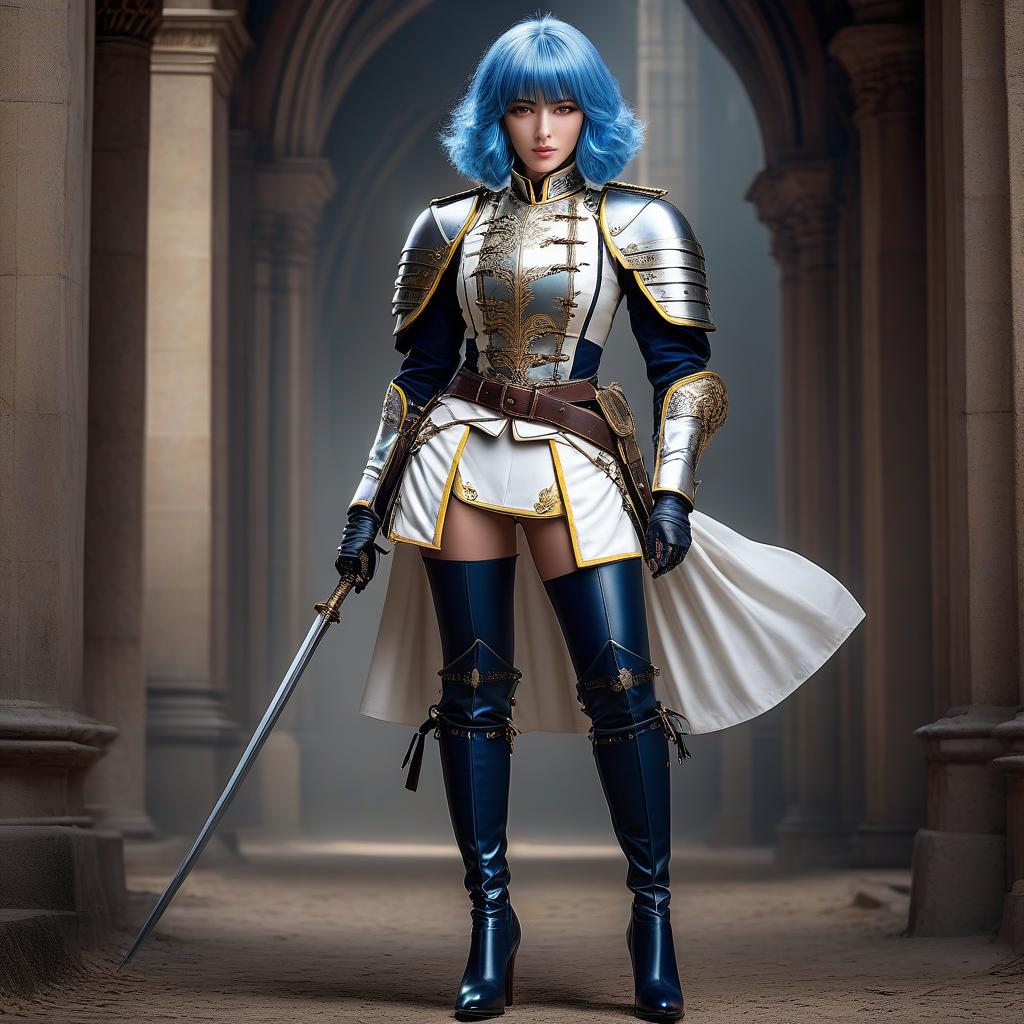  Girl, female cuirassier, ((full body)), blue hair, bob cut, bright yellow eyes, Girl, female cuirassier, ((full body)), blue hair, bob cut, bright yellow eyes, hourglass figure, fully clothed, military uniform, (19th century ceremonial uniform), (cuirass), white clothes, white cloak, ((white leggings )), riding pants, black boots, over the knee boots, thigh high boots, tight boots, belt, choker, epaulettes, awards, (epic pose), looking at viewer, looking down, evil grin, (extremely hyper detailed face), (masterpiece : 1.4), (perfect eyes: 1.1), (perfect hands), 2D, anime, extremely detailed clothes. hyperrealistic, full body, detailed clothing, highly detailed, cinematic lighting, stunningly beautiful, intricate, sharp focus, f/1. 8, 85mm, (centered image composition), (professionally color graded), ((bright soft diffused light)), volumetric fog, trending on instagram, trending on tumblr, HDR 4K, 8K