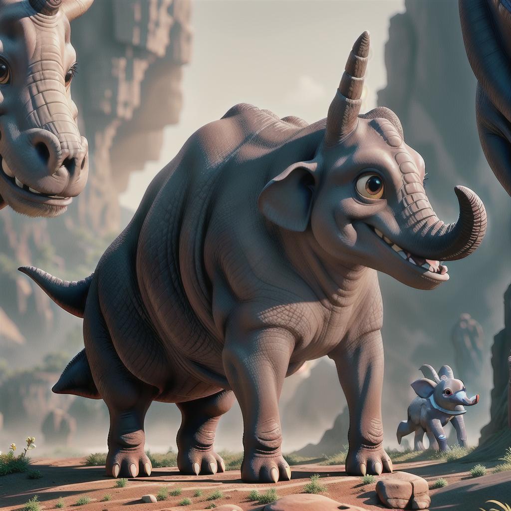  Triceratops and an elephant mashed up hyperrealistic, full body, detailed clothing, highly detailed, cinematic lighting, stunningly beautiful, intricate, sharp focus, f/1. 8, 85mm, (centered image composition), (professionally color graded), ((bright soft diffused light)), volumetric fog, trending on instagram, trending on tumblr, HDR 4K, 8K