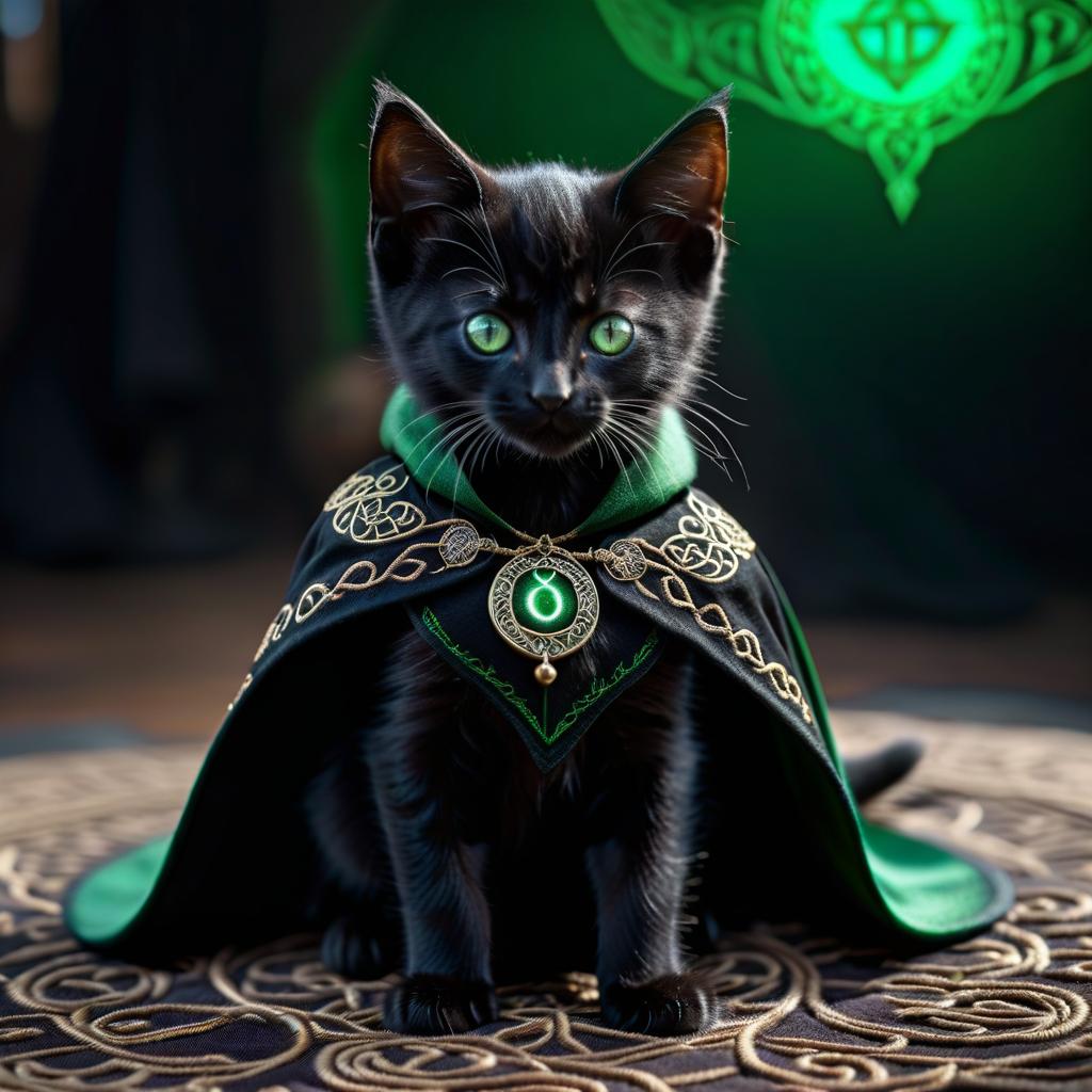  A black kitten boy mage with green eyes in a black cape with embroidered runes. hyperrealistic, full body, detailed clothing, highly detailed, cinematic lighting, stunningly beautiful, intricate, sharp focus, f/1. 8, 85mm, (centered image composition), (professionally color graded), ((bright soft diffused light)), volumetric fog, trending on instagram, trending on tumblr, HDR 4K, 8K