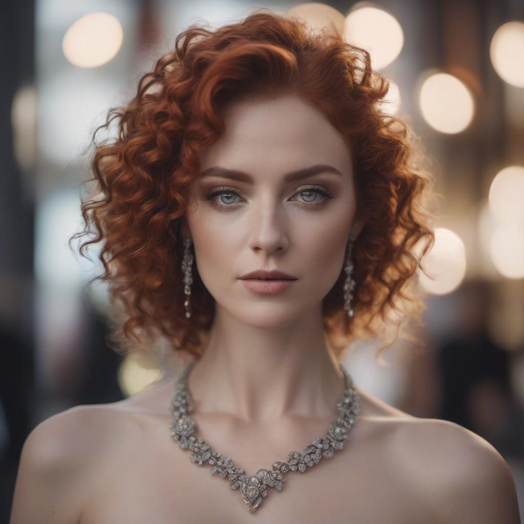  cinematic photo dark woman, curly wavy red hair, light gray eyes, dilated pupil, small earrings, necklace, dress . 35mm photograph, film, bokeh, professional, 4k, highly detailed hyperrealistic, full body, detailed clothing, highly detailed, cinematic lighting, stunningly beautiful, intricate, sharp focus, f/1. 8, 85mm, (centered image composition), (professionally color graded), ((bright soft diffused light)), volumetric fog, trending on instagram, trending on tumblr, HDR 4K, 8K