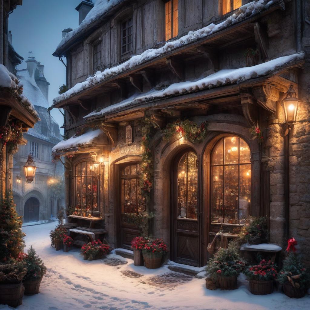  There are no people. A small town in France is covered in snow. In the style of Jean Baptiste Monge, old Gothic stone rickety buildings. Christmas Eve. Night, a bright star burns in the sky. Christmas decorations hang on the doors of the buildings, lights glow in the windows. Above one of the doors the inscription "Author's Tavern" in Russian. Details. Lots of decorations and small details, detailed look. soft colors, HDR, 4K hyperrealistic, full body, detailed clothing, highly detailed, cinematic lighting, stunningly beautiful, intricate, sharp focus, f/1. 8, 85mm, (centered image composition), (professionally color graded), ((bright soft diffused light)), volumetric fog, trending on instagram, trending on tumblr, HDR 4K, 8K