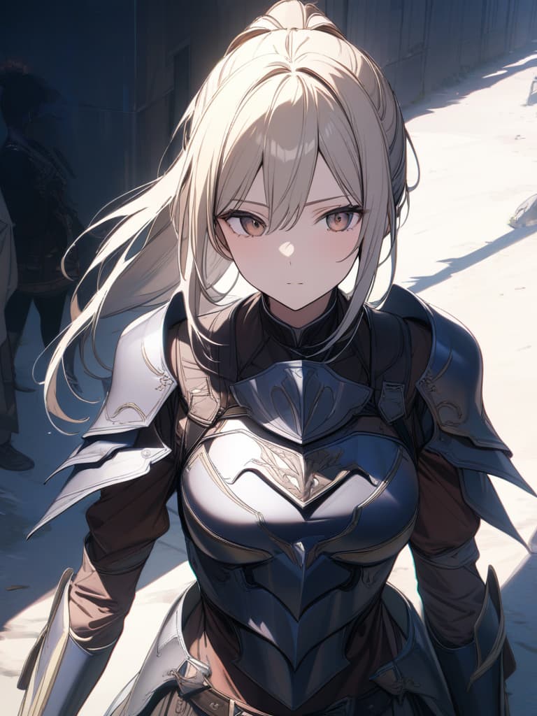  Women, armor, cool, blonde, ponytail, masterpiece, best quality,8k,ultra detailed,high resolution,an extremely delicate and beautiful,hyper detail