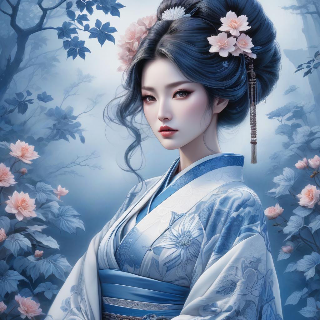  An illustration of a woman with blue tones, detailed floral patterns, and a mystical, ethereal ambiance. Envision a portrait of a Japanese geisha, her countenance tinged with sorrow as a single tear trails from her eye. Her abundant hair frames a face with lips painted a soft blue, while her attire is a complex array of traditional garments. The portrait, reminiscent of Anne Stokes' work, is rendered in a whimsical Zentangle style, boasting an intricate cyanotype design that seems to lift from the canvas in a 3D embossed effect. The color palette is a harmonious blend of delft blue and white, enriched with subtle touches of ginger brown and light pink. This piece is a fantasy encapsulated in an 8k resolution masterpiece, a high definition  hyperrealistic, full body, detailed clothing, highly detailed, cinematic lighting, stunningly beautiful, intricate, sharp focus, f/1. 8, 85mm, (centered image composition), (professionally color graded), ((bright soft diffused light)), volumetric fog, trending on instagram, trending on tumblr, HDR 4K, 8K