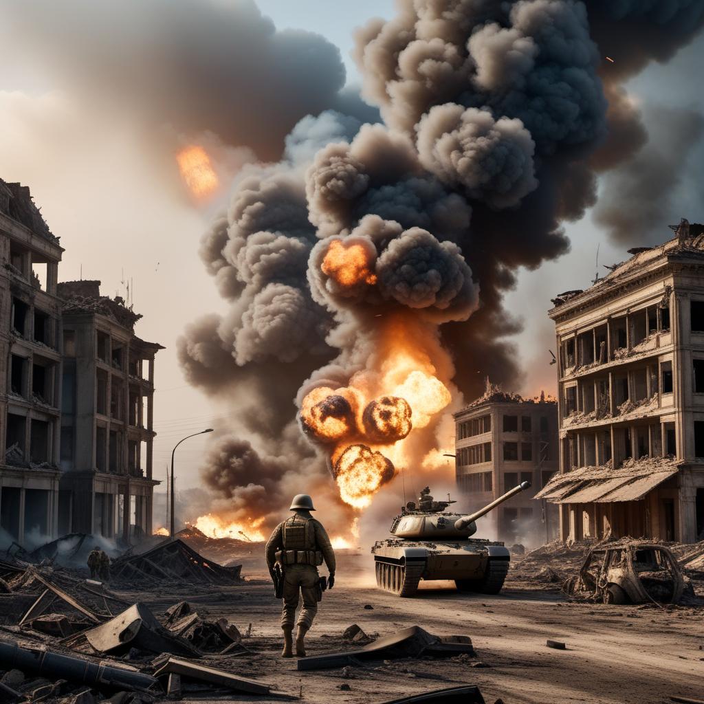  A contemporary battlefield during a fierce and aggressive war. The scene includes soldiers fiercely engaged in combat, tanks rolling through the debris, aircraft flying overhead, and explosions lighting up the night sky. The landscape is filled with destruction, with ruined buildings, fires, and smoke creating a chaotic atmosphere. hyperrealistic, full body, detailed clothing, highly detailed, cinematic lighting, stunningly beautiful, intricate, sharp focus, f/1. 8, 85mm, (centered image composition), (professionally color graded), ((bright soft diffused light)), volumetric fog, trending on instagram, trending on tumblr, HDR 4K, 8K