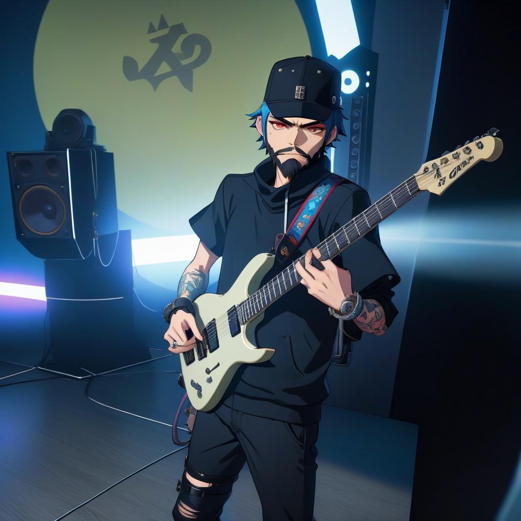  anime artwork Character, front, side views, full length with legs and all parts, concept art, a man with a beard playing a guitar, schecter km 6 guitar, head with hat, black sneakers on feet, tesseract, clayton crain, holding electric guitar, tattoed left hand, scenic full shot, a picture, by Kamisaka Sekka, pixiv contest winner, shin hanga, gorillaz album cover, detail shot, magazine scan, urusei yatsura, 2d, anime, extremely hyper detailed clothing, modest clothes, (extremely hyper detailed face), (masterpiece:1.4), (perfect eyes:1.1), (deep eyes), 32K HD, rough, intense look . anime style, key visual, vibrant, studio anime, highly detailed hyperrealistic, full body, detailed clothing, highly detailed, cinematic lighting, stunningly beautiful, intricate, sharp focus, f/1. 8, 85mm, (centered image composition), (professionally color graded), ((bright soft diffused light)), volumetric fog, trending on instagram, trending on tumblr, HDR 4K, 8K