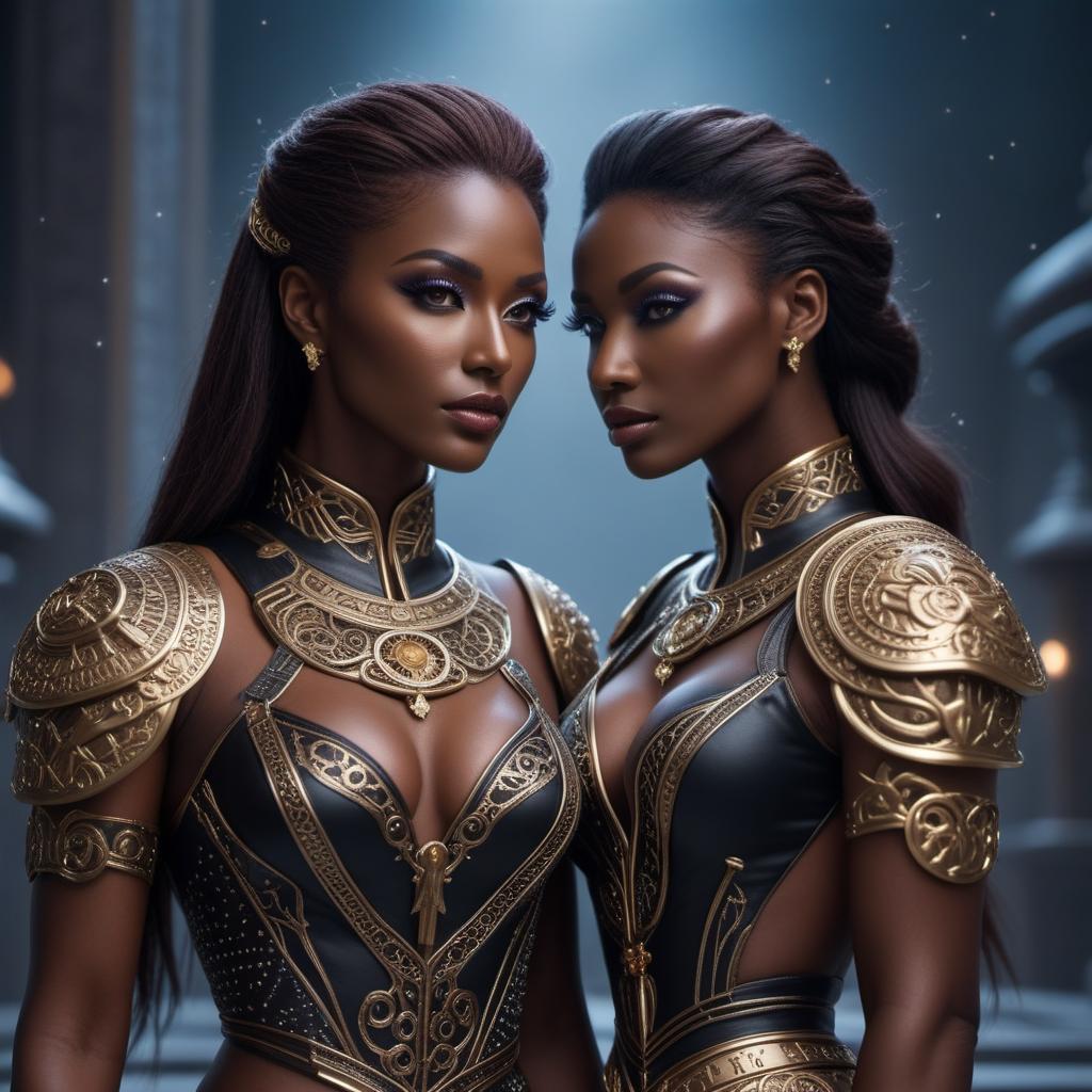  Gemini twin zodiac sign, female, fantasy, dark skin hyperrealistic, full body, detailed clothing, highly detailed, cinematic lighting, stunningly beautiful, intricate, sharp focus, f/1. 8, 85mm, (centered image composition), (professionally color graded), ((bright soft diffused light)), volumetric fog, trending on instagram, trending on tumblr, HDR 4K, 8K