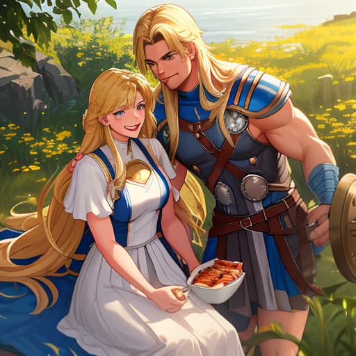  Mighty Thor and Valkyrie (Marvel Comics superheroes) finding time for the simple pleasures of life spend the summer enjoying a well deserved vacation having a barbecue picnic in a picturesque park, the environment emphasizes his unique heroic superpowers and character, bright colors, warm sunshine, carefree mood, fun with humor graphic style. hyperrealistic, full body, detailed clothing, highly detailed, cinematic lighting, stunningly beautiful, intricate, sharp focus, f/1. 8, 85mm, (centered image composition), (professionally color graded), ((bright soft diffused light)), volumetric fog, trending on instagram, trending on tumblr, HDR 4K, 8K