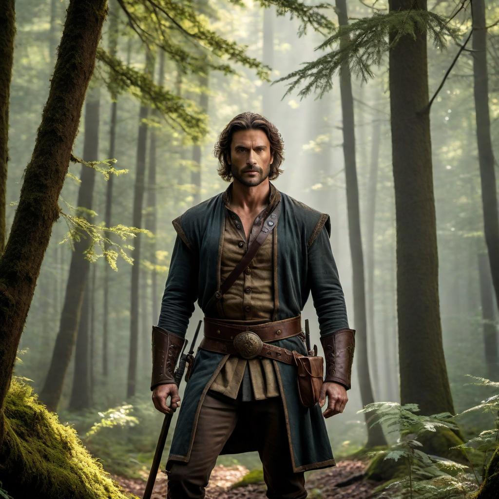  a trendy rustic photo of a male in the dark forest, completing a hard physical task. The male is rugged and determined, wearing medieval-style clothing. He is surrounded by thick trees and a dense canopy, with minimal light piercing through. The atmosphere is moody and mysterious, conveying a sense of solitude and the challenge of nature. hyperrealistic, full body, detailed clothing, highly detailed, cinematic lighting, stunningly beautiful, intricate, sharp focus, f/1. 8, 85mm, (centered image composition), (professionally color graded), ((bright soft diffused light)), volumetric fog, trending on instagram, trending on tumblr, HDR 4K, 8K