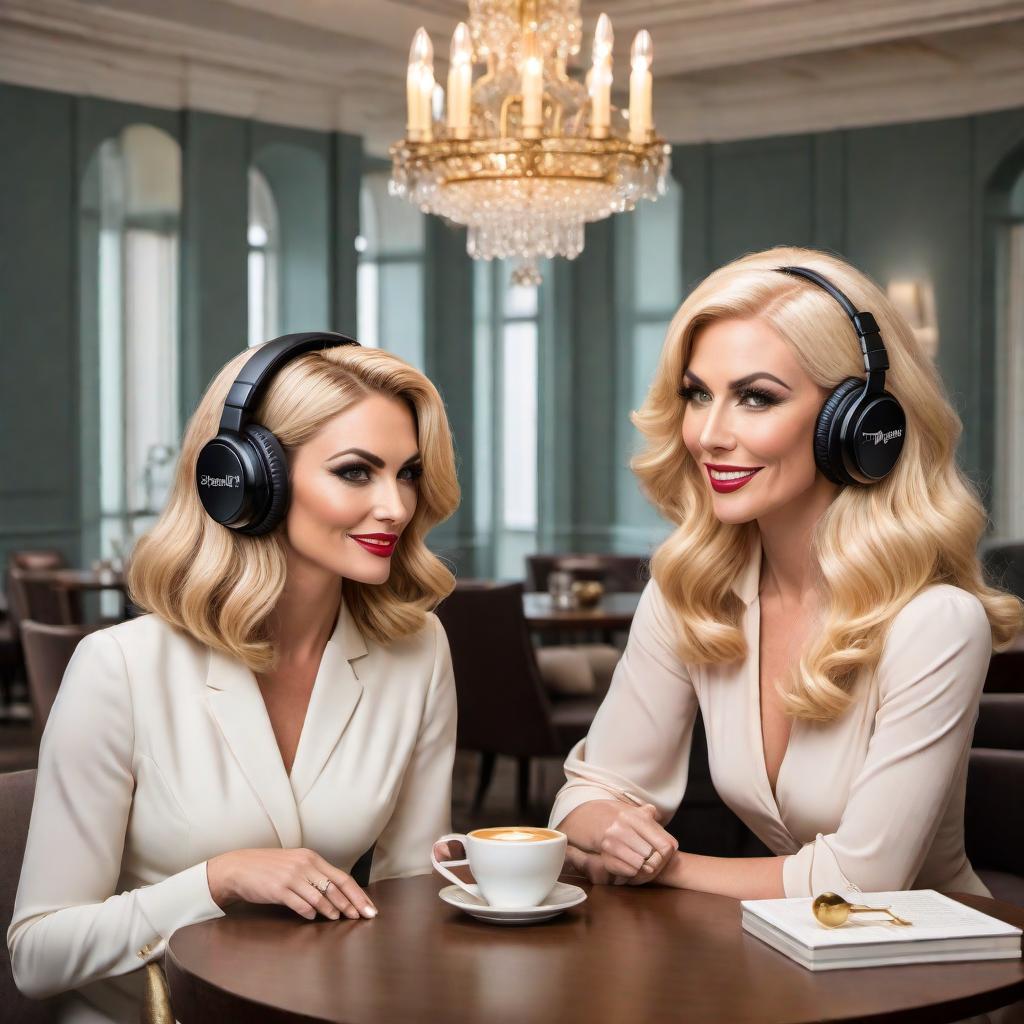  Create a 60s vintage cartoon-style podcast cover featuring two distinct women in their late 30s. One woman has blonde hair and the other has brown hair. They are elegantly dressed in stylish, upscale outfits, with one holding an espresso martini. The setting is an elegant room set up for podcasting, including microphones and headphones. Use warm and inviting colors such as gold, white, and soft pastels. Ensure the title 'Plotting Greatness' is prominently displayed in cursive within the design. Make it eye-catching and appealing for people to select when scrolling through Spotify and Apple podcasts. hyperrealistic, full body, detailed clothing, highly detailed, cinematic lighting, stunningly beautiful, intricate, sharp focus, f/1. 8, 85mm, (centered image composition), (professionally color graded), ((bright soft diffused light)), volumetric fog, trending on instagram, trending on tumblr, HDR 4K, 8K