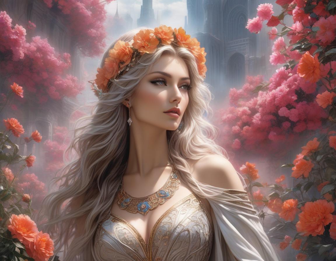  A woman with a floral crown and long wavy hair gazes away, set against a fantastic al castle and lush, blooming flowers. Envision a work of art where fantasy and reality blur—a woman stands enshrouded in a tapestry of vivid blossoms, her hair a cascade of elaborate floral designs. She dons a dress of futuristic elegance against a backdrop that whispers of the surreal, all captured in the distinctive style of Luis Royo. This digital masterpiece comes alive with brilliant hues and otherworldly illumination, creating a dreamy realm where every ornate detail contributes to an imaginative tableau hyperrealistic, full body, detailed clothing, highly detailed, cinematic lighting, stunningly beautiful, intricate, sharp focus, f/1. 8, 85mm, (centered image composition), (professionally color graded), ((bright soft diffused light)), volumetric fog, trending on instagram, trending on tumblr, HDR 4K, 8K