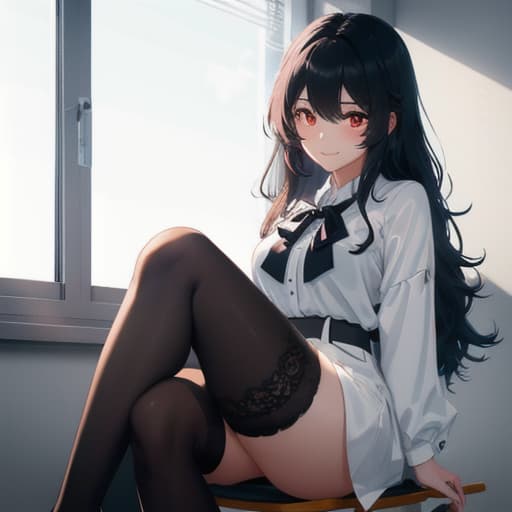   1girl, solo, anime named Emi, black long hair, in an office, sitting on a chair, looking at the viewer, red eyes, smiling. hyperrealistic, full body, detailed clothing, highly detailed, cinematic lighting, stunningly beautiful, intricate, sharp focus, f/1. 8, 85mm, (centered image composition), (professionally color graded), ((bright soft diffused light)), volumetric fog, trending on instagram, trending on tumblr, HDR 4K, 8K