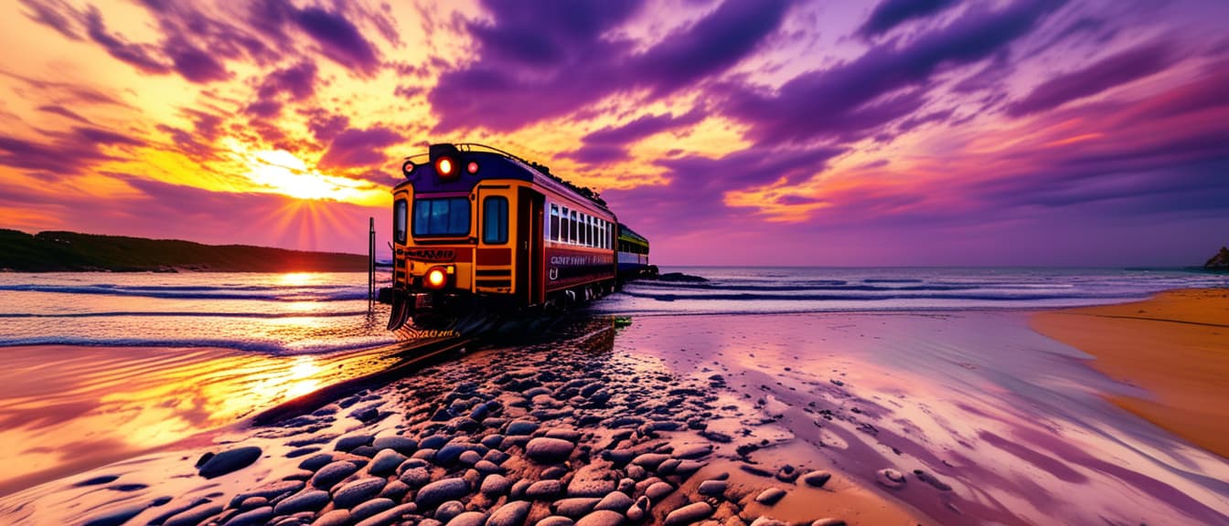  best quality, HD, Train on sand stone water beach in close up with the sunset sky,