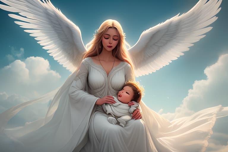  The central image of the work is a flying angel singing "a quiet song" in the sky. This divine singing captures the attention of all nature. The angel praises God and the life in paradise. He carries a young soul with him to breathe it into the infant. hyperrealistic, full body, detailed clothing, highly detailed, cinematic lighting, stunningly beautiful, intricate, sharp focus, f/1. 8, 85mm, (centered image composition), (professionally color graded), ((bright soft diffused light)), volumetric fog, trending on instagram, trending on tumblr, HDR 4K, 8K