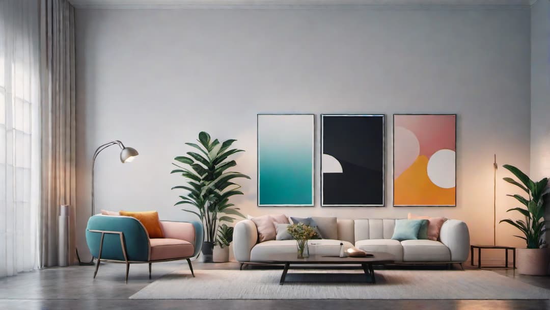  80's home interior with large, framed artwork pieces, featuring vibrant, abstract expressionist art with bold colors and geometric shapes; complemented by pastel colored walls and minimalistic furniture. hyperrealistic, full body, detailed clothing, highly detailed, cinematic lighting, stunningly beautiful, intricate, sharp focus, f/1. 8, 85mm, (centered image composition), (professionally color graded), ((bright soft diffused light)), volumetric fog, trending on instagram, trending on tumblr, HDR 4K, 8K