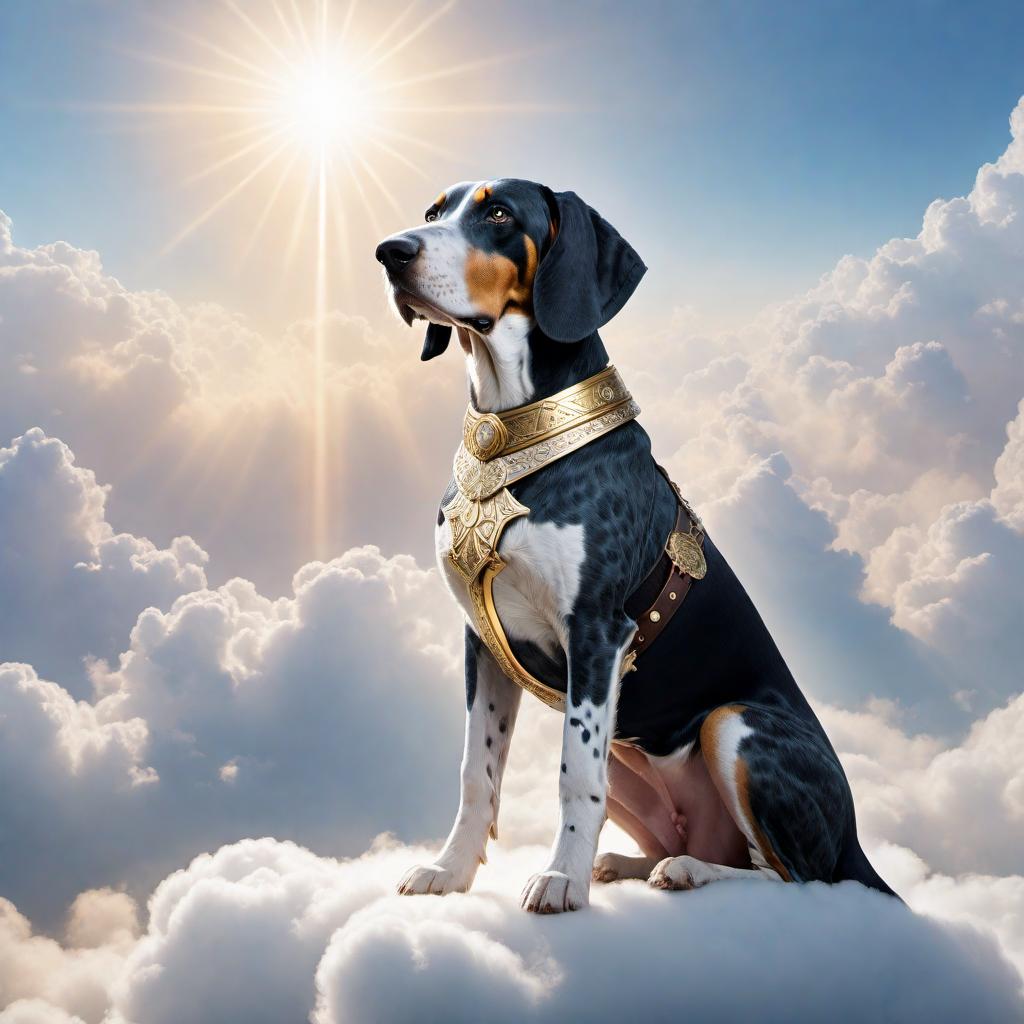  A bluetick coonhound from the provided image sitting on a cloud next to Jesus Christ in armor. The scene takes place in the heavens with bright, soft clouds surrounding them. Jesus, adorned in intricately designed armor, stands calmly with a serene expression, while the bluetick coonhound, wearing aviator sunglasses and a leather jacket, sits beside him on a fluffy cloud. The background is filled with divine light, giving a peaceful and ethereal atmosphere. The color scheme includes soft blues, golds, and whites, emphasizing purity and divinity. hyperrealistic, full body, detailed clothing, highly detailed, cinematic lighting, stunningly beautiful, intricate, sharp focus, f/1. 8, 85mm, (centered image composition), (professionally color graded), ((bright soft diffused light)), volumetric fog, trending on instagram, trending on tumblr, HDR 4K, 8K