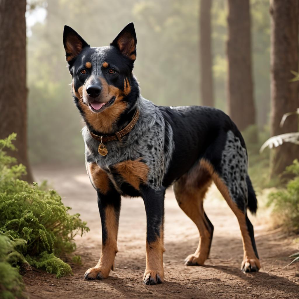  A Queensland Heeler (also known as an Australian Cattle Dog) mixed with a Poodle, combining characteristics of both breeds. The dog has a black and brown coat. Show the dog in a friendly and playful pose, possibly in an outdoor setting, to capture their energetic nature. hyperrealistic, full body, detailed clothing, highly detailed, cinematic lighting, stunningly beautiful, intricate, sharp focus, f/1. 8, 85mm, (centered image composition), (professionally color graded), ((bright soft diffused light)), volumetric fog, trending on instagram, trending on tumblr, HDR 4K, 8K