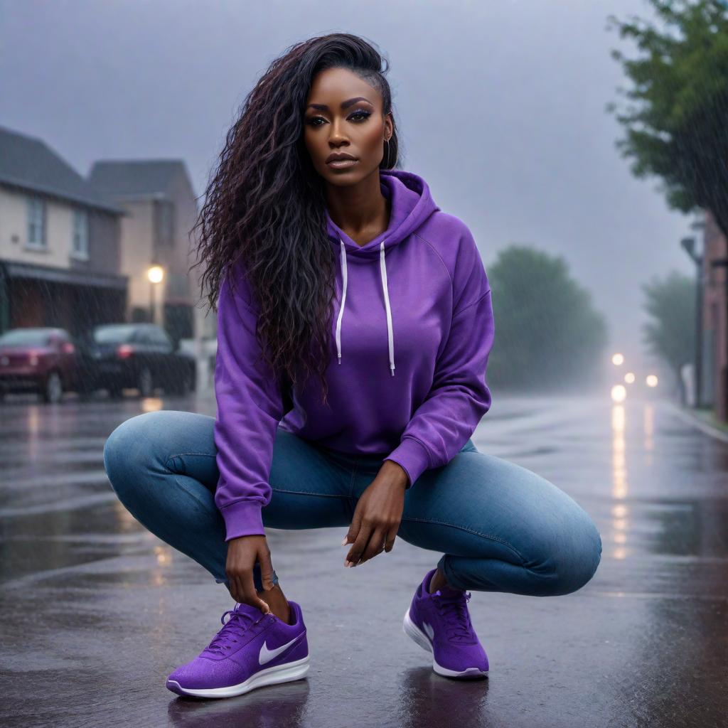  Visualize a black woman with long hair on her knees praying, wearing a purple sweatshirt and jeans, with purple sneakers on, with rain falling in the background. hyperrealistic, full body, detailed clothing, highly detailed, cinematic lighting, stunningly beautiful, intricate, sharp focus, f/1. 8, 85mm, (centered image composition), (professionally color graded), ((bright soft diffused light)), volumetric fog, trending on instagram, trending on tumblr, HDR 4K, 8K