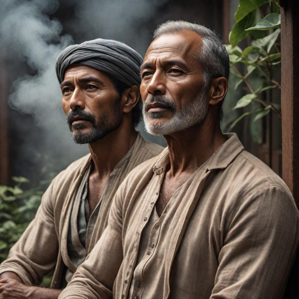  Create an image of two poor men. The image should reflect a sense of companionship and support, showing elements of their humble life. Use warm but subdued colors to evoke a sense of struggle yet resilience and solidarity. The style should be realistic, capturing the human emotion and connection between the two men. hyperrealistic, full body, detailed clothing, highly detailed, cinematic lighting, stunningly beautiful, intricate, sharp focus, f/1. 8, 85mm, (centered image composition), (professionally color graded), ((bright soft diffused light)), volumetric fog, trending on instagram, trending on tumblr, HDR 4K, 8K