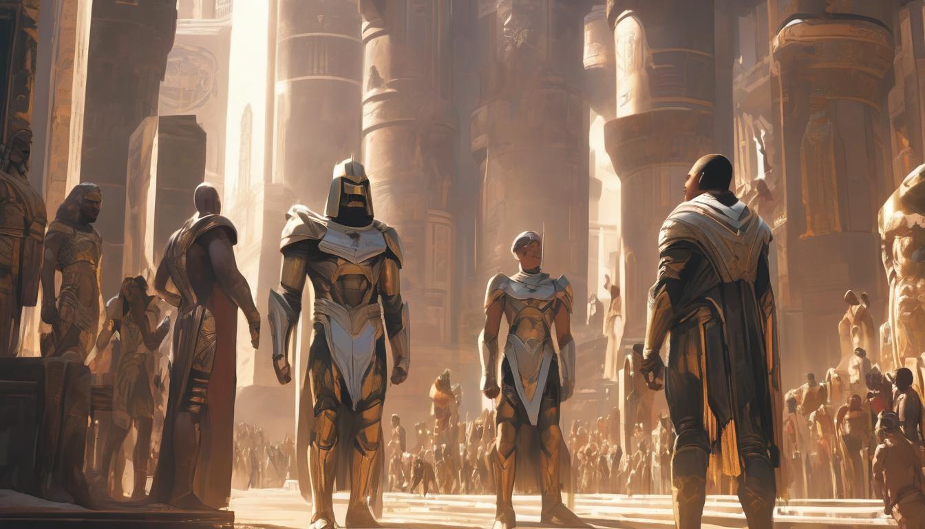  hyperrealism,fantasy aesthetica grand timeline of civilizations, ancient Egypt, medieval Europe, futuristic cityscape, figures in worship, cosmic thread connecting all, high tech clothing clad in sleek, futuristic costume with metallic accents and form fitting designs, marvel superhero comics style, unreal engine rendering