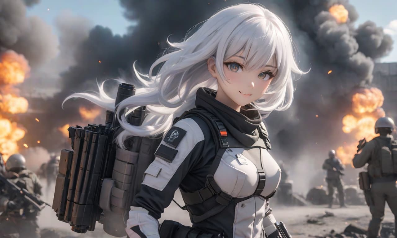  Anime girl with white hair wildly smiles in tactical gear, JPC body armor, and OPS CORE helmet shoots with her finger. There's a lot of smoke, ash, and explosions around. hyperrealistic, full body, detailed clothing, highly detailed, cinematic lighting, stunningly beautiful, intricate, sharp focus, f/1. 8, 85mm, (centered image composition), (professionally color graded), ((bright soft diffused light)), volumetric fog, trending on instagram, trending on tumblr, HDR 4K, 8K