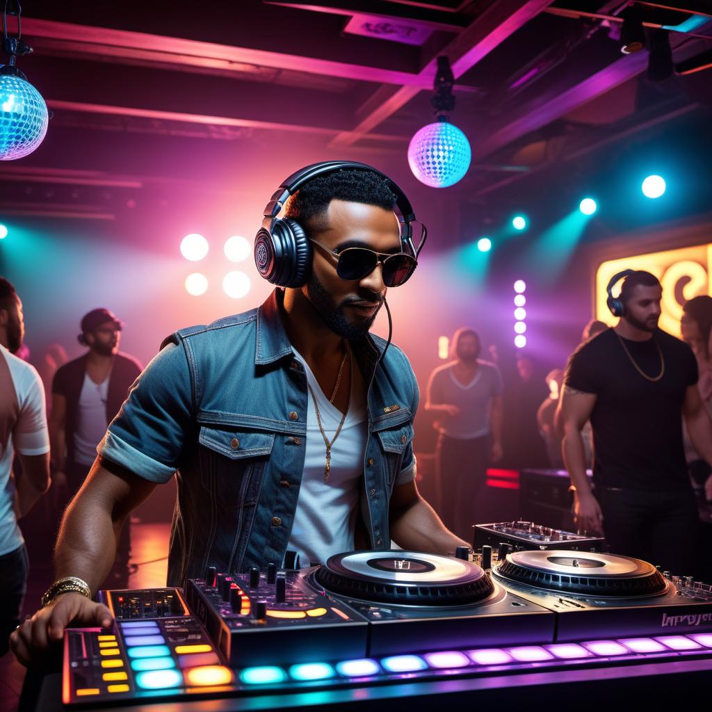  A detailed image of a DJ booth inside a nightclub, with a DJ playing records. The booth features turntables, a mixer, vinyl records, and colorful lights. The setting has a vibrant and energetic atmosphere, with people dancing in the background under a disco ball and dynamic lighting effects. hyperrealistic, full body, detailed clothing, highly detailed, cinematic lighting, stunningly beautiful, intricate, sharp focus, f/1. 8, 85mm, (centered image composition), (professionally color graded), ((bright soft diffused light)), volumetric fog, trending on instagram, trending on tumblr, HDR 4K, 8K