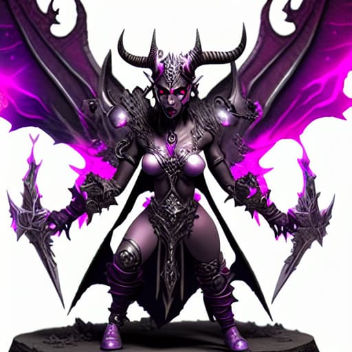  Purpe and silver demon queen with red eyes, horns and fairy wings in flames