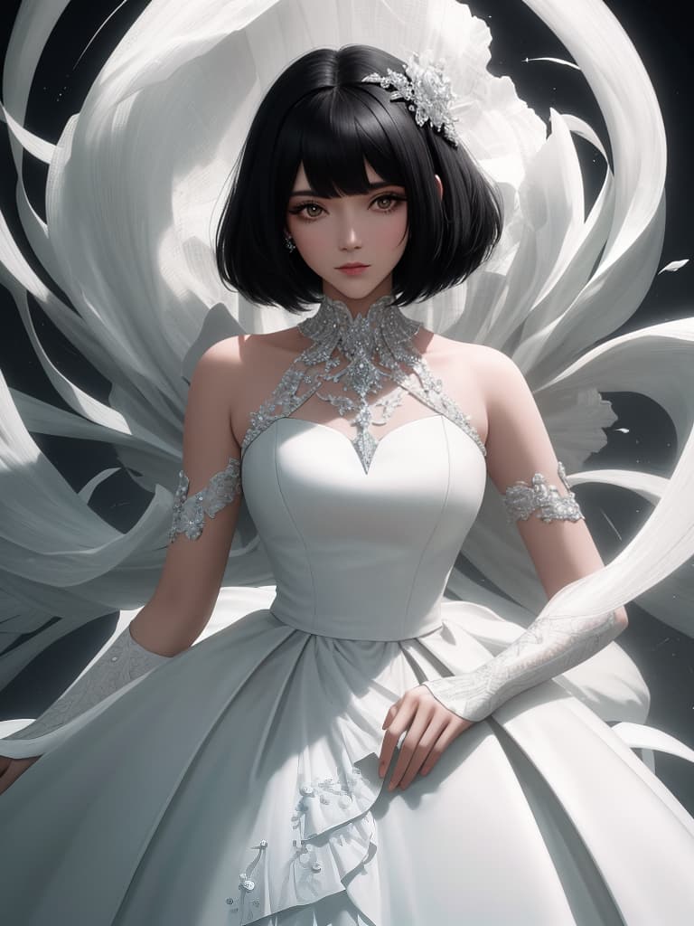  Black hair bob, white dress, masterpiece, best quality,8k,ultra detailed,high resolution,an extremely delicate and beautiful,hyper detail